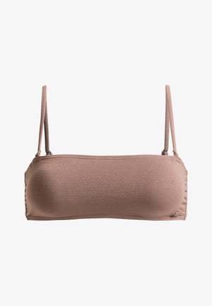 Haut de bikini bandeau marron en tissu finement texturé, avec des bretelles réglables et des coutures sur les côtés. Aucune fermeture n'est visible.