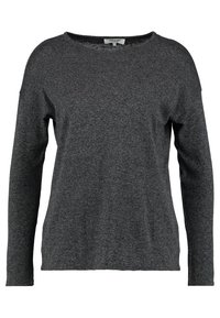 Dunkelgrauer Langarmpullover mit lockerer Passform, rundem Halsausschnitt und weicher Textur, mit minimalem Nähen und ohne sichtbare Muster.