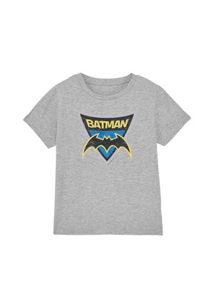 Grey short-sleeve t-shirt with a Batman logo in black and yellow over a blue and black shield on the front.