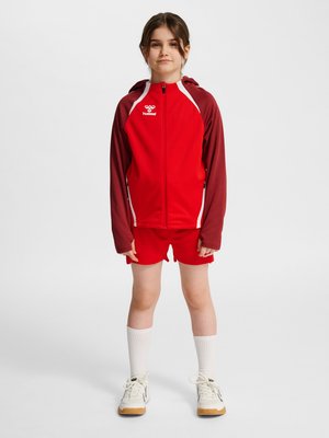 Barn står iført en rød og vinrød hættetrøje, røde shorts, hvide sokker og hvide sportssko på en ensfarvet baggrund.