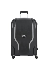 La valigia nera rigida presenta una superficie strutturata, un design elegante e dettagli in argento. Include una maniglia telescopica e quattro ruote per una maggiore mobilità.