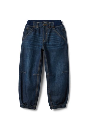 Pantalon en denim bleu foncé pour enfants avec poignets élastiques, poches avant, fermeture à boutons et surpiqûres contrastées sur fond blanc.