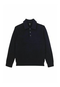 Tumed sinine kudumiga pullover polo kraega, millel on nööbiplokk ja tekstureeritud õlavarre detailid. Pikad varrukad ja soonikkoes mansetid.