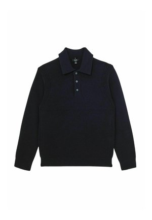 Marinblå stickad tröja med polo-krage, med en knappslå och texturerade detaljer på axlarna. Långa ärmar och ribbade muddarna.