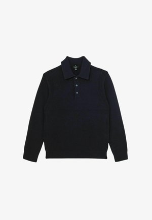 Navy blue knitted pullover with a polo collar, featuring a button placket and textured shoulder detailing. Long sleeves and ribbed cuffs.