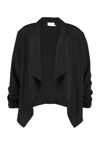 Schwarze, kurze Jacke aus weichem Material mit einem offenen, drapierten Vorderteil, langen Ärmeln mit gerafftem Detail und ohne Verschlüsse.