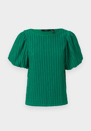 Grüner, strukturierter Kurzarm-Top mit einem quadratischen Ausschnitt und puffartigen Ärmeln. Verfügt über vertikale Rippendetails im gesamten Stoff.