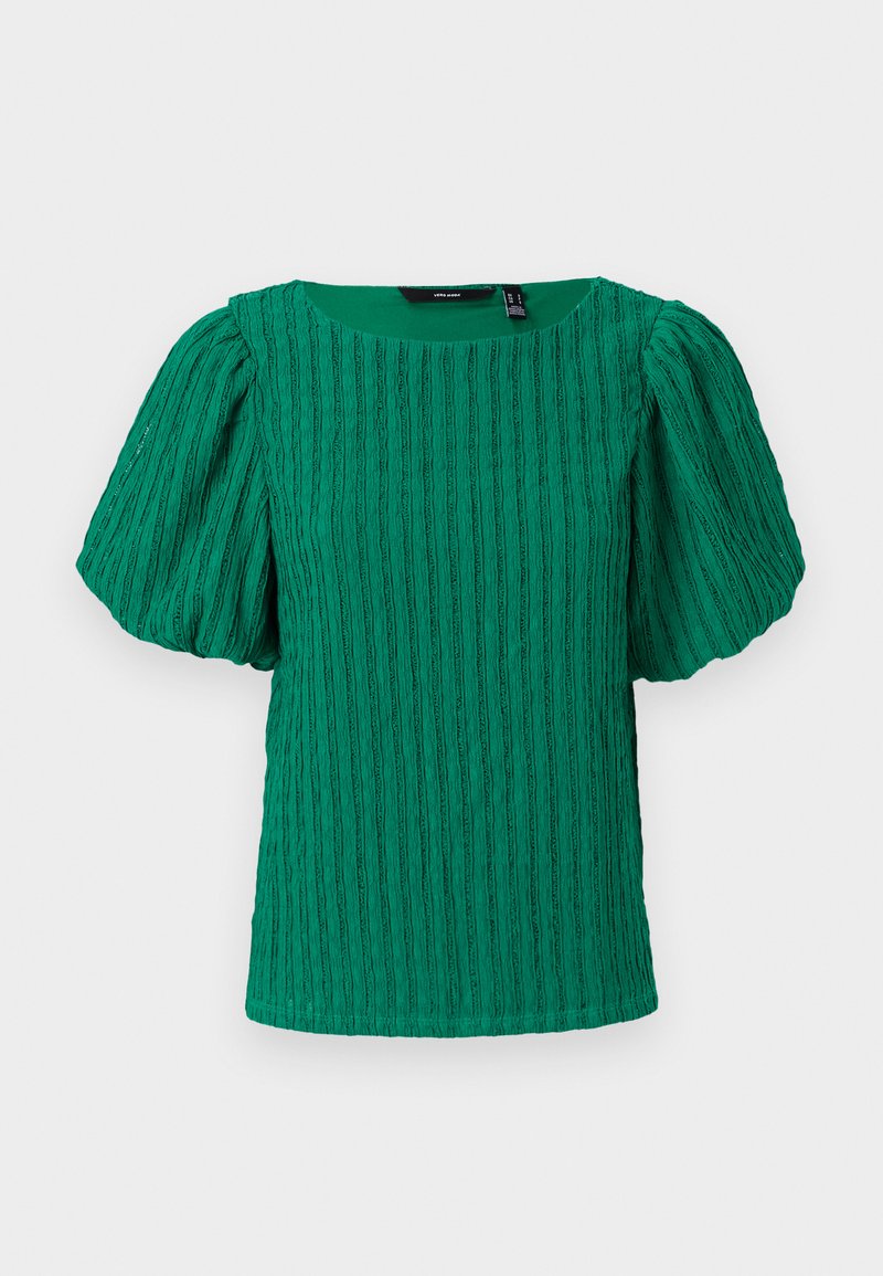 Zielona, teksturowana bluzka z krótkim rękawem, z kwadratowym dekoltem i bufkami. Posiada pionowe detale prążkowane na całej powierzchni materiału.