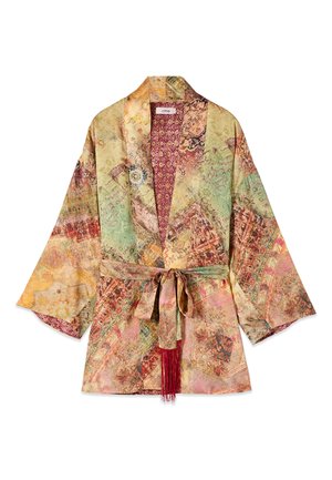 Giacca kimono leggera con motivi patchwork vintage multicolore, maniche larghe e cintura in tessuto abbinata con nappine rosse.