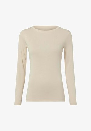 Beiges, langärmeliges, eng anliegendes Shirt mit Rundhalsausschnitt, glatter Textur und einfachem Design, gezeigt vor weißem Hintergrund.