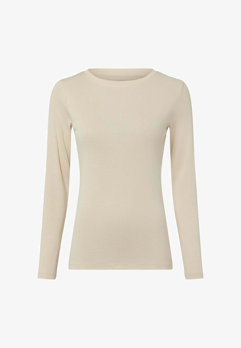 Beżowa, dopasowana koszulka z długim rękawem i okrągłym dekoltem, o gładkiej fakturze i prostym kroju, na białym tle.