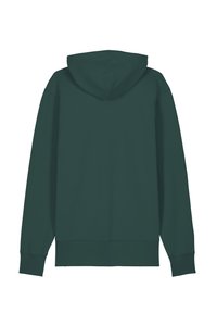 Donkergroene hoodie met lange mouwen, gezien vanaf de achterkant, met een capuchon en ribgebreide manchetten en onderrand.