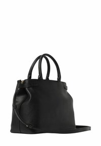 Borsa tote in pelle nera con doppio manico superiore e tracolla rimovibile. Texture liscia con dettagli sui lati della borsa.