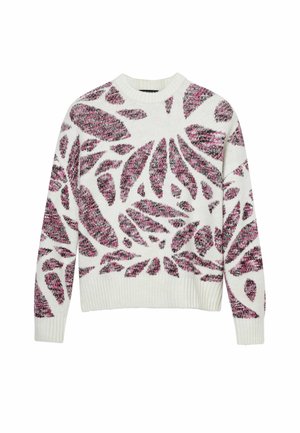 Suéter de punto con cuello redondo, con una base blanca y un patrón de hojas en rosa y púrpura. Los puños y el dobladillo acanalados añaden textura.