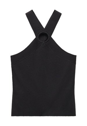 Sort strikket ærmeløs top med krydsede stropper og en cirkulær ringdetalje midt på brystet, fladt lagt på hvid baggrund.
