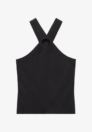 Czarny dziergany top bez rękawów z krzyżującymi się paskami i okrągłym pierścieniem na środku klatki piersiowej, ułożony na płasko na białym tle.