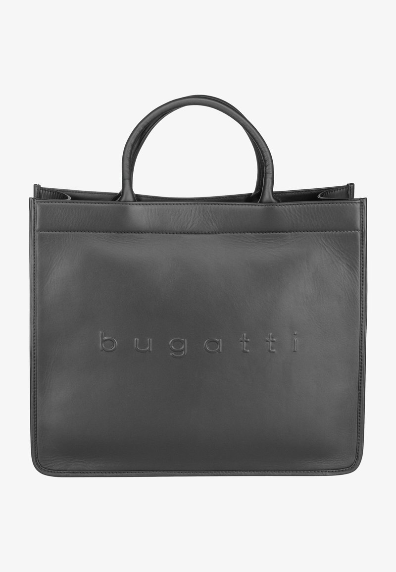 Grijze leren draagtas met geperst 'bugatti' logo. Voorzien van twee ronde handgrepen en een strakke, gestructureerde vorm met een gladde textuur.