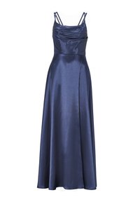 Abito da sera in satin blu navy con corpetto aderente, frontale plissettato e spalline regolabili, caratterizzato da una silhouette fluida a linea A.