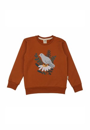 Rostfarbener Pullover mit rundem Ausschnitt, auf der Vorderseite mit einem grauen Vogel- und Blumendesign in Grün und Weiß. Dehnbare Bündchen und Saum.