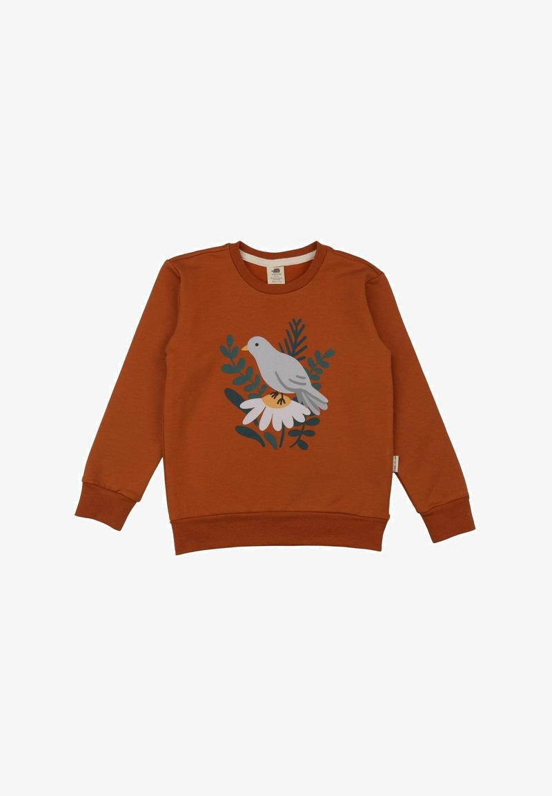 Rust-colored sweatshirt with a round neck, featuring a grey bird and floral design in green and white on the front. Stretchy cuffs and hem.