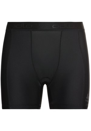 Zwarte sportshorts van gladde stof, met een aansluitend ontwerp, een elastische tailleband met logo en een voorkeurszak voor ondersteuning.