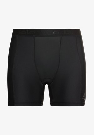 Fekete sportnadrág sima anyagból, testi vonalakat követő fazonnal, rugalmas derékkal, amelyen logó található, és elöl egy zsebbe a támogatás érdekében.