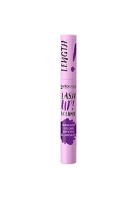 Tubo di mascara viola con caratteri neri audaci, etichettato "LASH UP! VOLUME," con una finitura testurizzata e un tappo arrotondato.