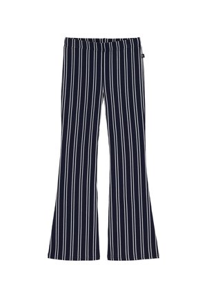 Pantalon bleu marine avec des rayures verticales blanches, coupe évasée, taille élastique et texture de tissu douce. Aucun élément métallique ou accent visible.