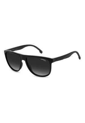 Occhiali da sole neri con lenti rettangolari oversized, montatura in plastica nera, lenti graduali da scure a chiare e logo del marchio discreto sul lato.