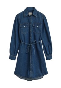 Denim shirt dress in dark blue, long sleeves with elastic cuffs, button-down front, two chest pockets, and a tied waist belt.