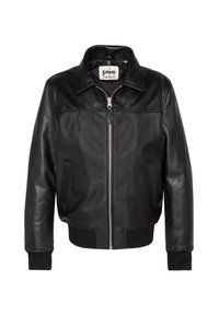 Giacca in pelle nera con zip frontale, ampio colletto, due tasche laterali, polsini e bordo a coste, etichetta visibile all'interno del colletto.