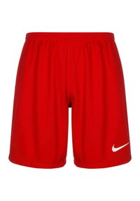 Rote Sportshorts mit elastischem Bund, aus leichtem Stoff, mit einem weißen Nike-Logo auf der linken unteren Seite.