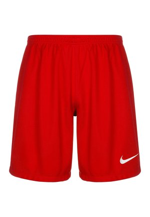Rode sportshorts met een elastische tailleband, gemaakt van lichtgewicht stof, met een wit Nike-logo aan de linksonderzijde.