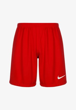 Red sports shorts with an elastic waistband, made from lightweight fabric, featuring a white Nike logo on the lower left side.