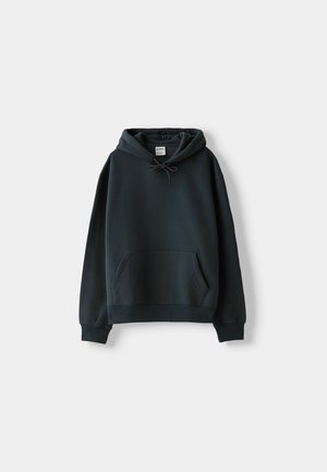 Dark gray hoodie made of soft fabric, featuring a front pocket, adjustable drawstrings, and ribbed cuffs and hem.