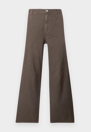 Brown wide-leg trousers with high waist, button closure, belt loops, and visible seam details on the legs.