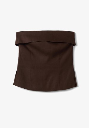 Dunkelbraunes, trägerloses Oberteil mit Umschlag, geradem Saum und dezenten seitlichen Schlitzen, auf weißem Hintergrund angezeigt.