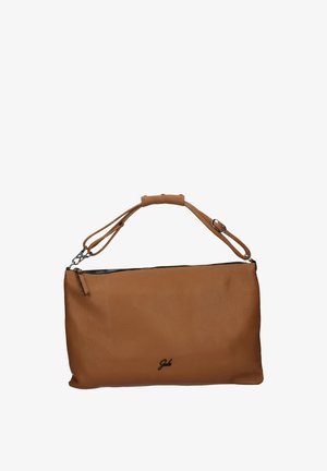 Borsa a tracolla in pelle marrone con tracolla regolabile e chiusura con cerniera, con piccolo logo nero sul davanti.