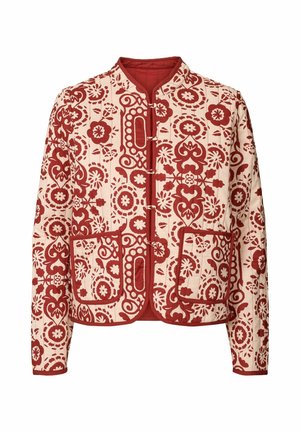 Kremfarvet jakke med røde, detaljerede blomster- og geometriske mønstre, mandarin-krave, frontlukning med knapper og to forlommer.