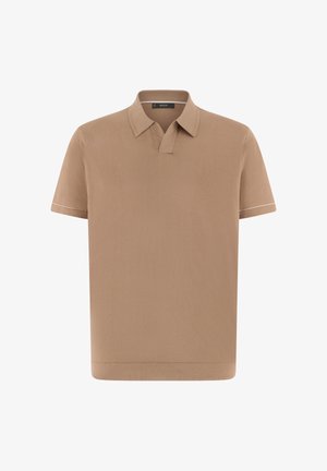 Beige polo met korte mouwen, een kraag en een open plooi, voorzien van subtiele witte afwerking aan de mouwranden.