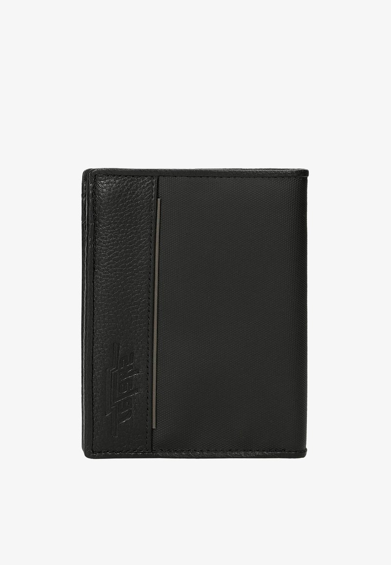 Portefeuille bifold pour homme noir avec panneau en cuir texturé et section en tissu lisse, présentant un marquage en relief subtil sur le côté en cuir.