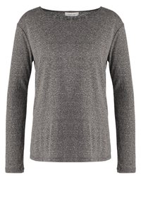 Maglietta a maniche lunghe con scollo rotondo in tessuto grigio scuro con una texture mélange. Presenta una vestibilità comoda e senza hardware o motivi visibili.
