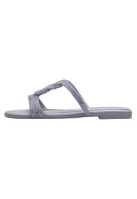 Purple slide sandal with braided straps featuring a textured surface and metallic accents. Flat sole with minimal heel, casual design.