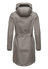 Grijze lange jas met een capuchon, voorzien van een getailleerde taille, elastische manchetten en logo-borduringen op de achterkant en onderkant. Gladde textuur.