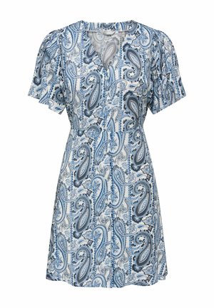 Robe courte à manches courtes bleu et blanc à motif paisley, boutonnée devant avec col en V, longueur au genou, jupe à silhouette légèrement évasée.