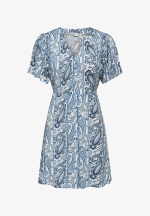Kék-fehér paisley mintás rövid ujjú ruha, elöl gombos, V-nyakú gallérral, térdig érő, enyhén bővített szoknyasziluett.