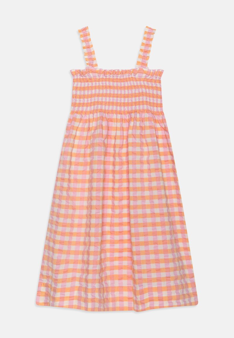 Robe d'été sans manches avec corsage smocké élastique et motif à carreaux vichy orange, rose et blanc.