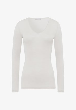 Długy rękaw, top w serek z lekkiego białego materiału. Dopasowany krój z gładką fakturą i subtelnymi detalami szwów wzdłuż dekoltu i rękawów.