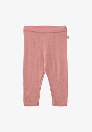 Roza pletene legice z mehko teksturo, ki imajo širok pas in zožene hlačnice. Minimalističen dizajn brez vidnih vzorcev ali akcentov.