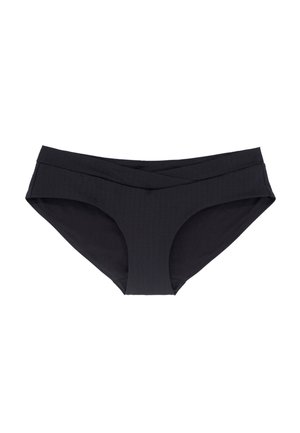 Čierne bikini spodky s textúrovaným, vlnkovým vzorom. Obsahujú široký, prekrížený pás a štandardný strih pre otvory na nohy.
